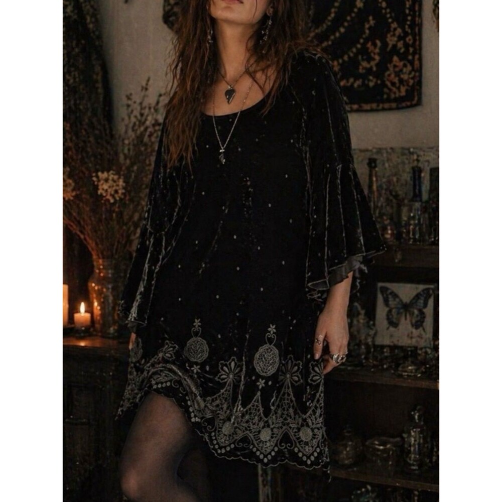 Johnny Was Love Black Roxanne Bohemian Velvet Whimsigoth Mini Dress Medium